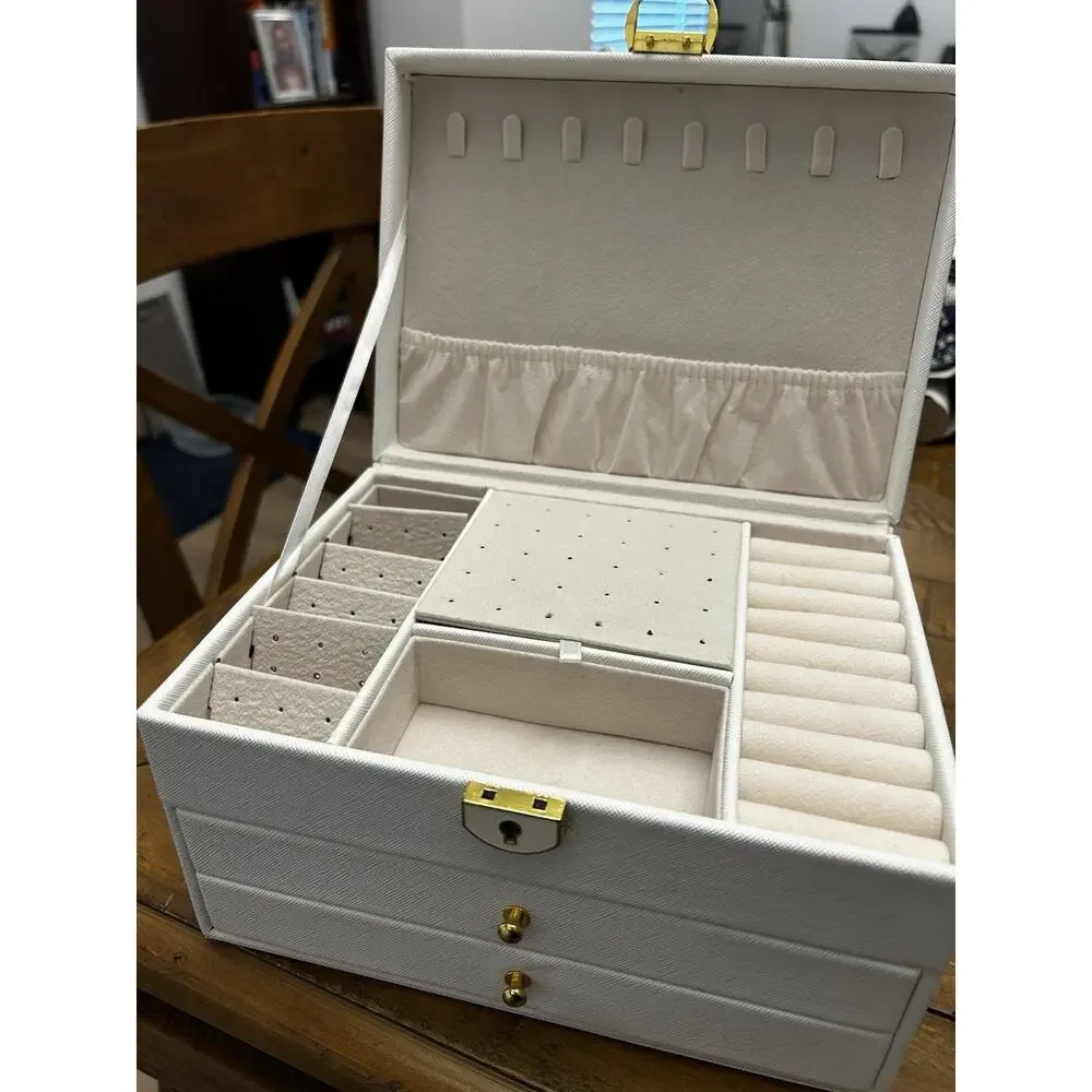 White Faux Leather Jewelry Box Organizer, Lockable 2-Drawer Velvet Lined